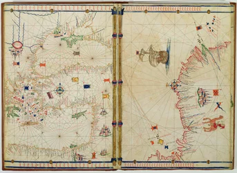 Ms. Ital. 550.0.3.15, fol. 4v-5r. Carte de la côte et des îles de la Méditerranée orientale, des « Carte Geografiche »